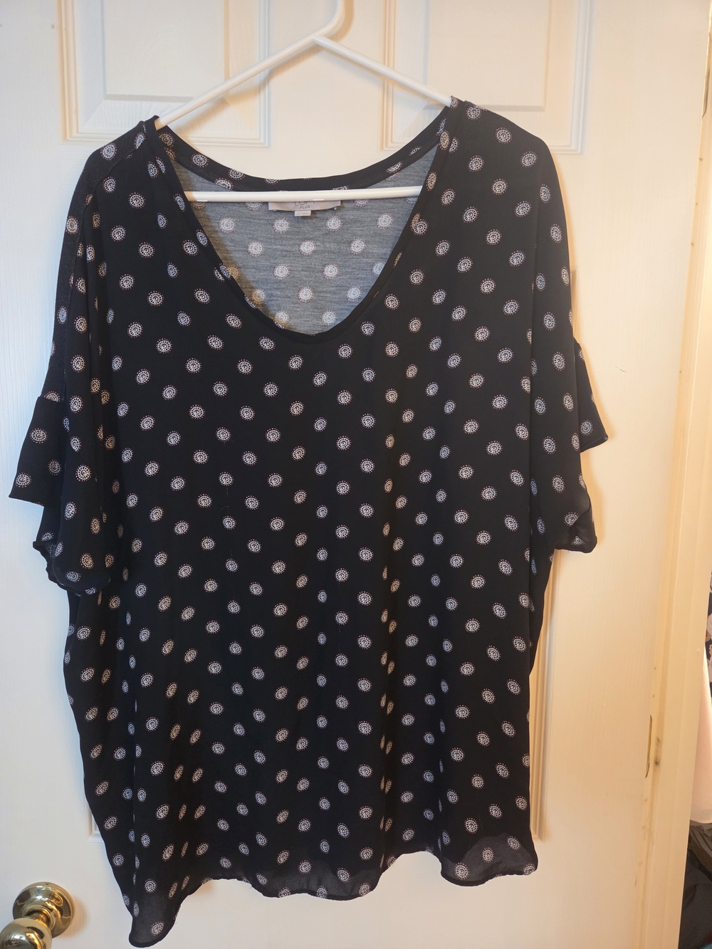 LOFT Black V-Neck Polka Dot Flutter Sleeve Blouse